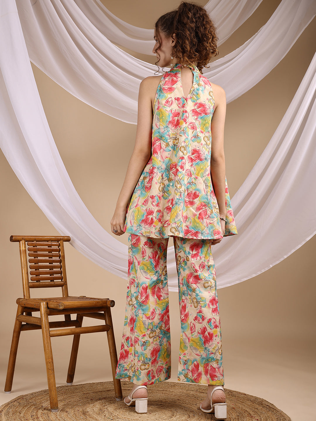 Multi Colored Halter Neck Rayon Sleeveless Top With Flared Palazzo Co-ords Set