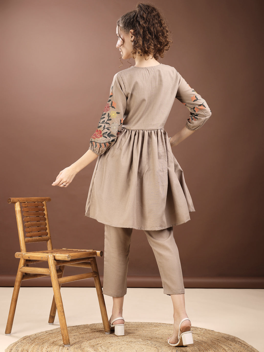 Light Brown Embroidered Alia Cut Co-ords Set