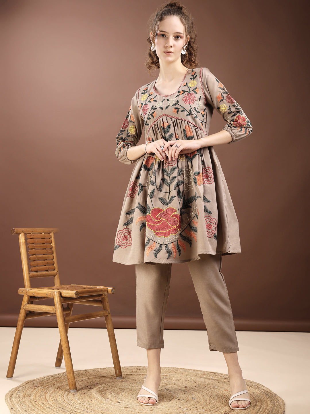 Light Brown Embroidered Alia Cut Co-ords Set
