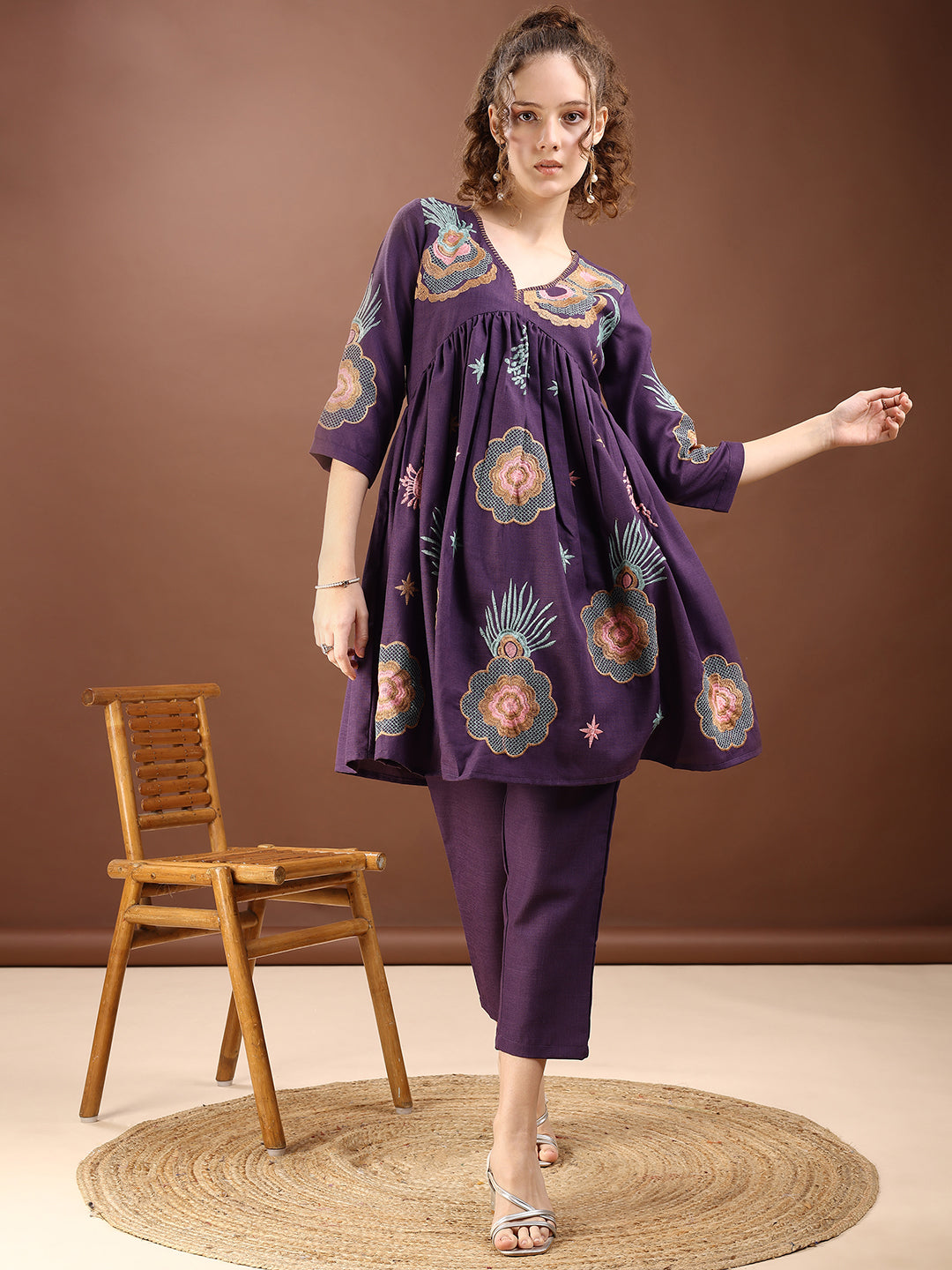 Purple Embroidered Alia Cut Co-ords Set