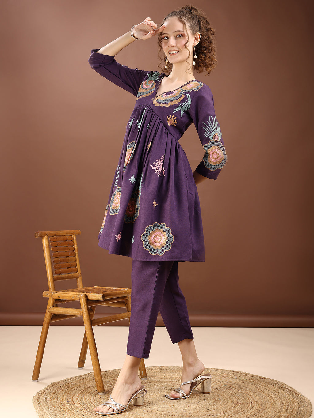 Purple Embroidered Alia Cut Co-ords Set