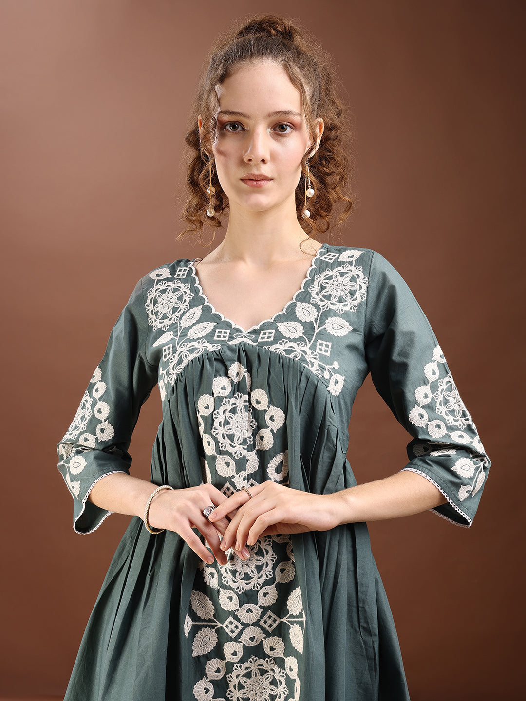 Green Colored Thread Embroidered Cotton V-Neck Alia Cut Co-ords Set