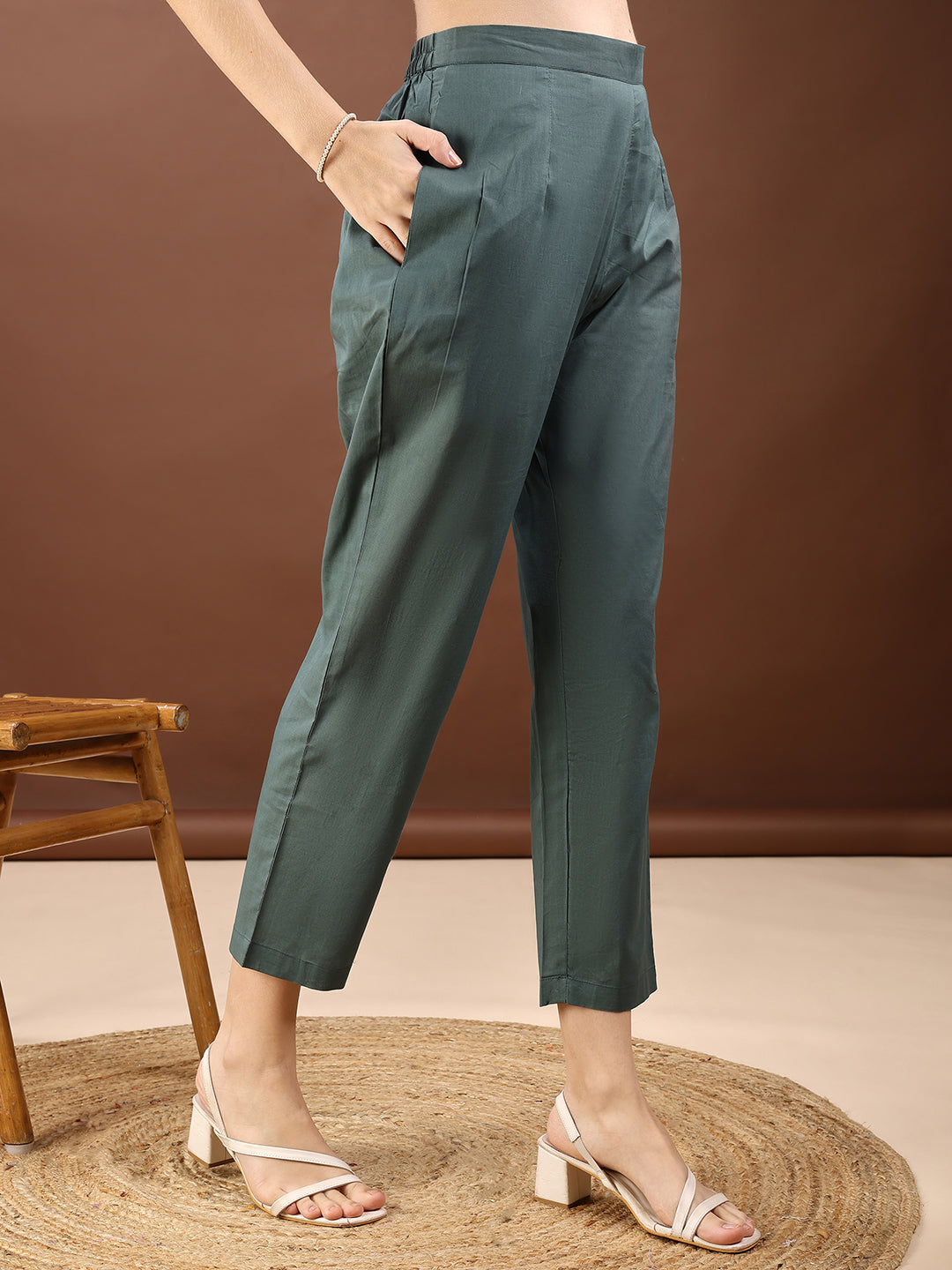 Green Colored Thread Embroidered Cotton V-Neck Alia Cut Co-ords Set