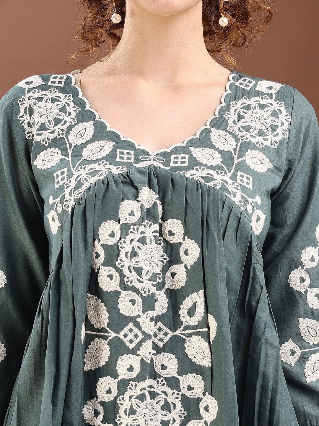 Green Colored Thread Embroidered Cotton V-Neck Alia Cut Co-ords Set