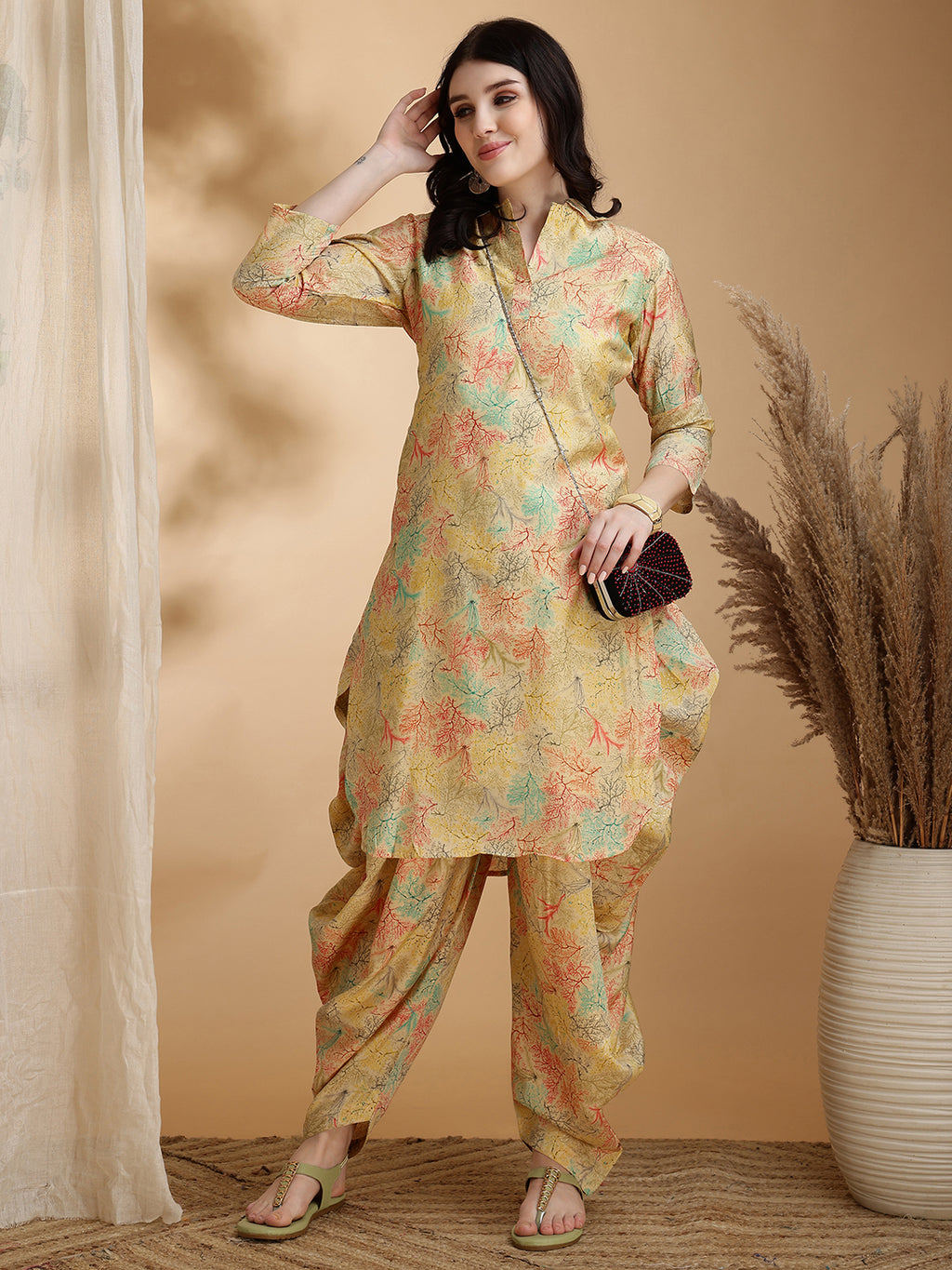 Printed Silk Blend Apple Cut Shirt Collar Kurta With Dhot Pant Set