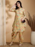Printed Silk Blend Apple Cut Shirt Collar Kurta With Dhot Pant Set