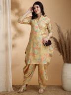 Printed Silk Blend Apple Cut Shirt Collar Kurta With Dhot Pant Set
