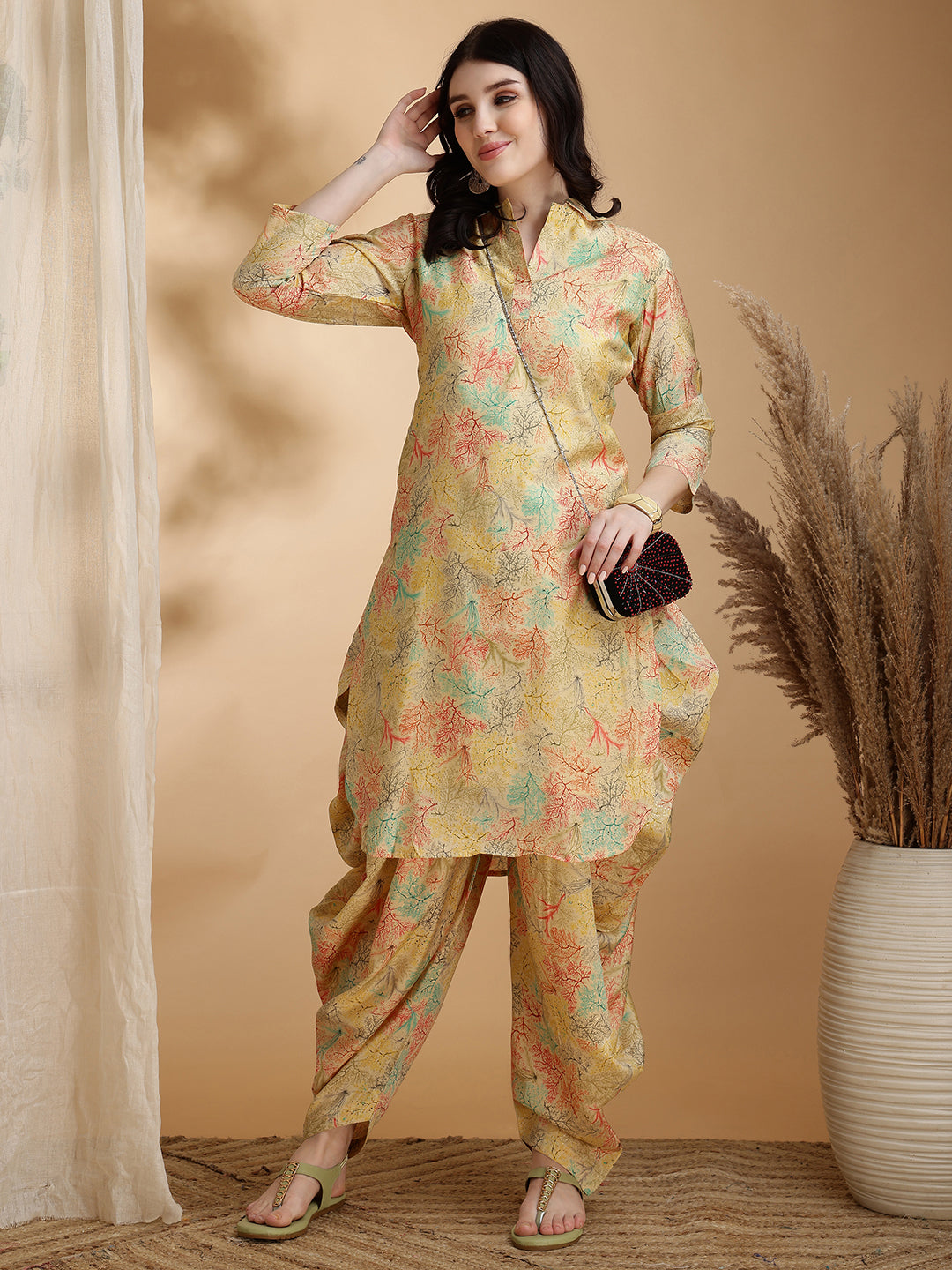Printed Silk Blend Apple Cut Shirt Collar Kurta With Dhot Pant Set