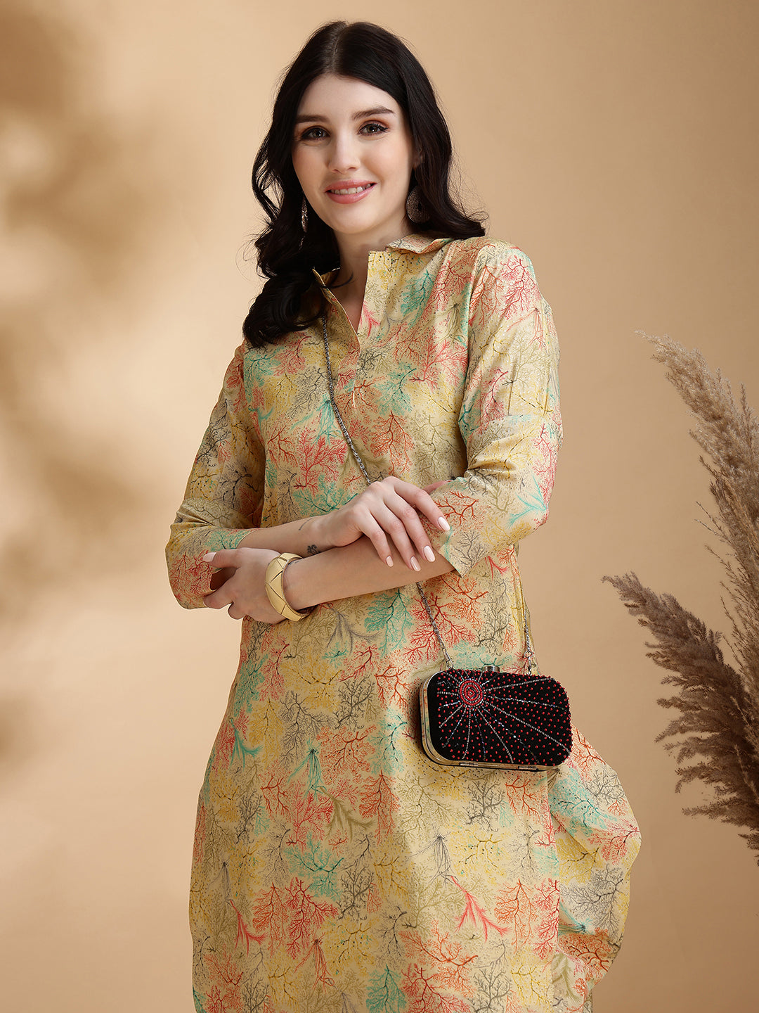 Printed Silk Blend Apple Cut Shirt Collar Kurta With Dhot Pant Set