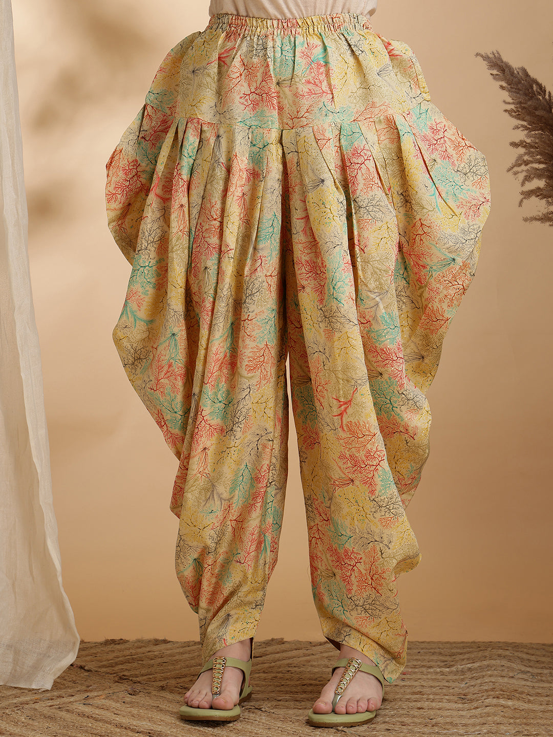 Printed Silk Blend Apple Cut Shirt Collar Kurta With Dhot Pant Set