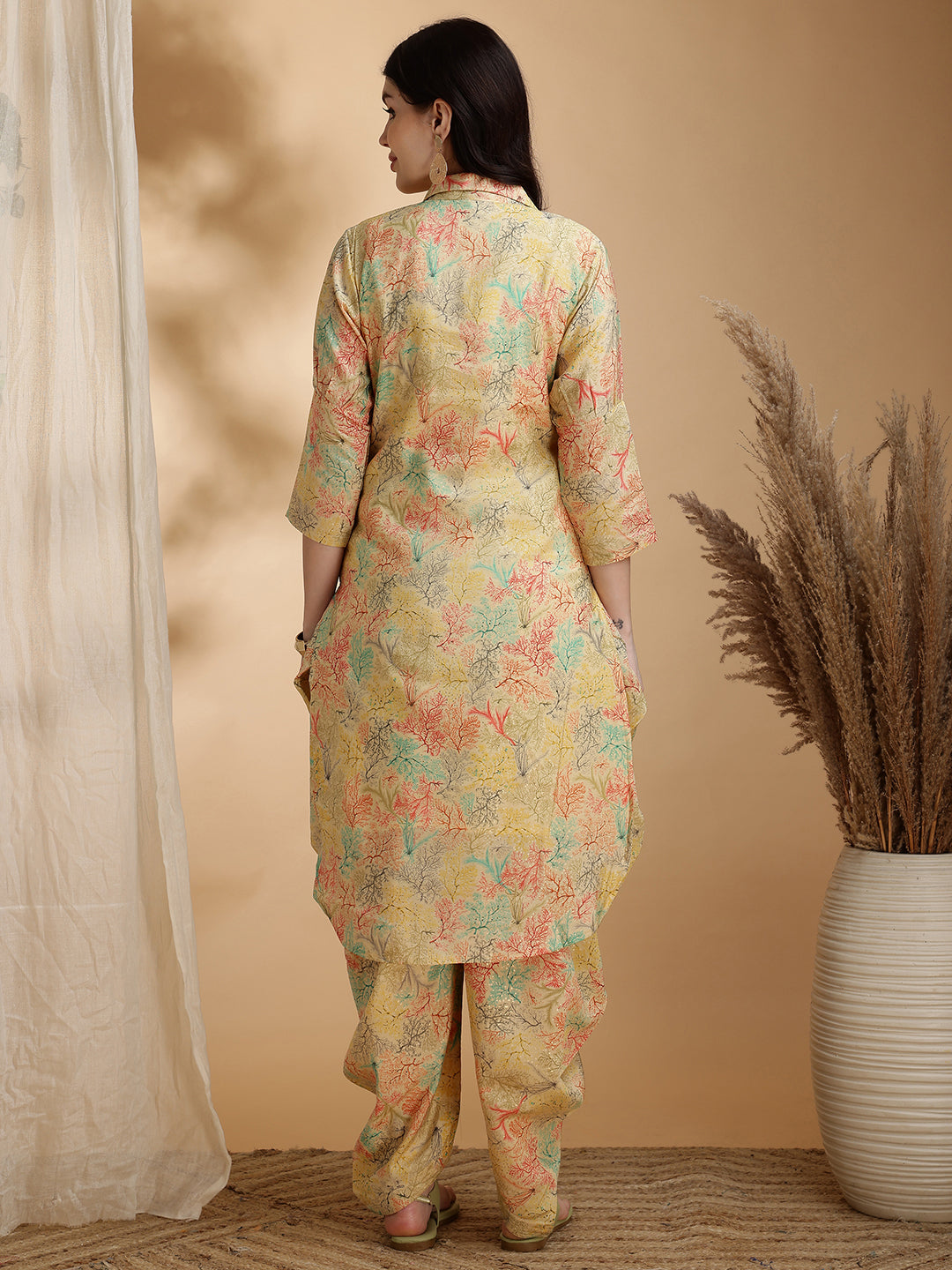 Printed Silk Blend Apple Cut Shirt Collar Kurta With Dhot Pant Set