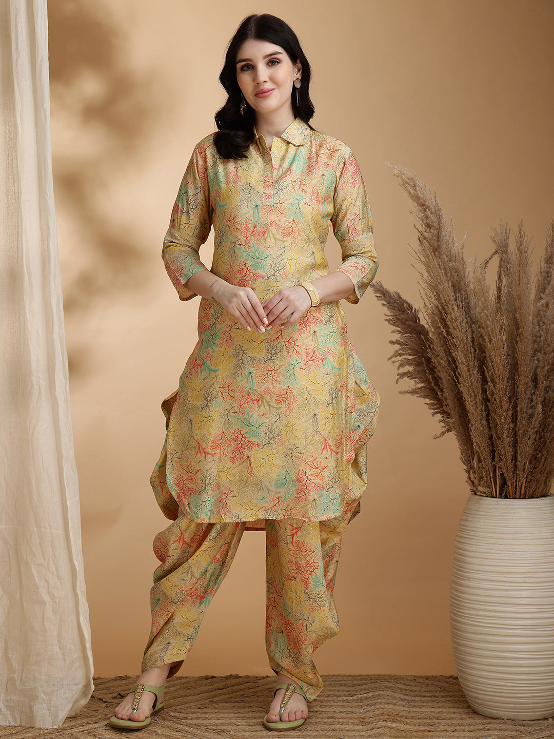 Printed Silk Blend Apple Cut Shirt Collar Kurta With Dhot Pant Set