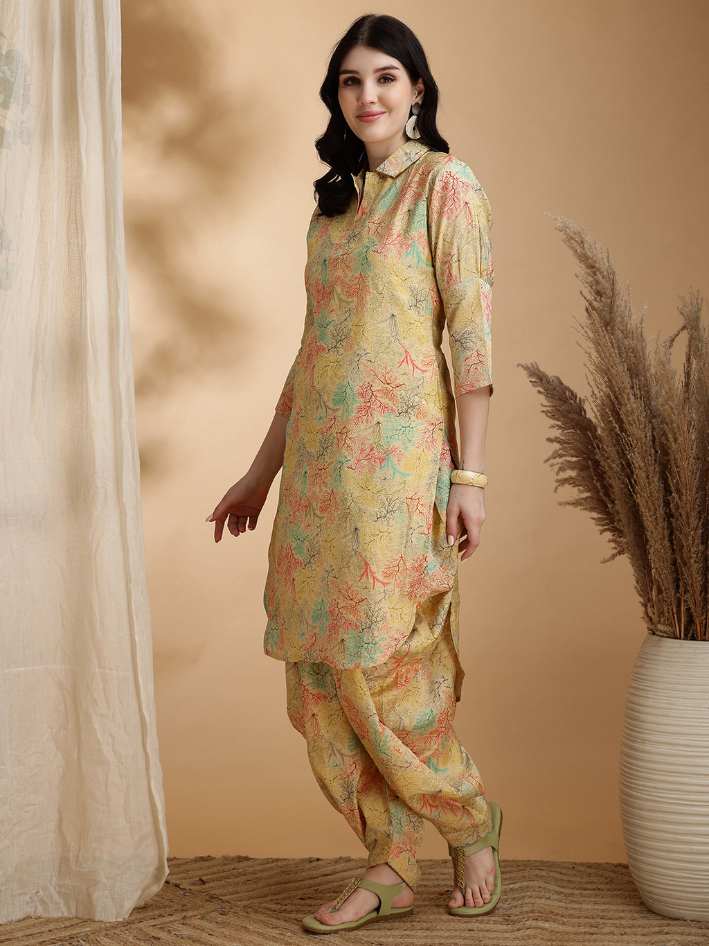 Printed Silk Blend Apple Cut Shirt Collar Kurta With Dhot Pant Set
