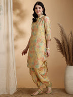 Printed Silk Blend Apple Cut Shirt Collar Kurta With Dhot Pant Set