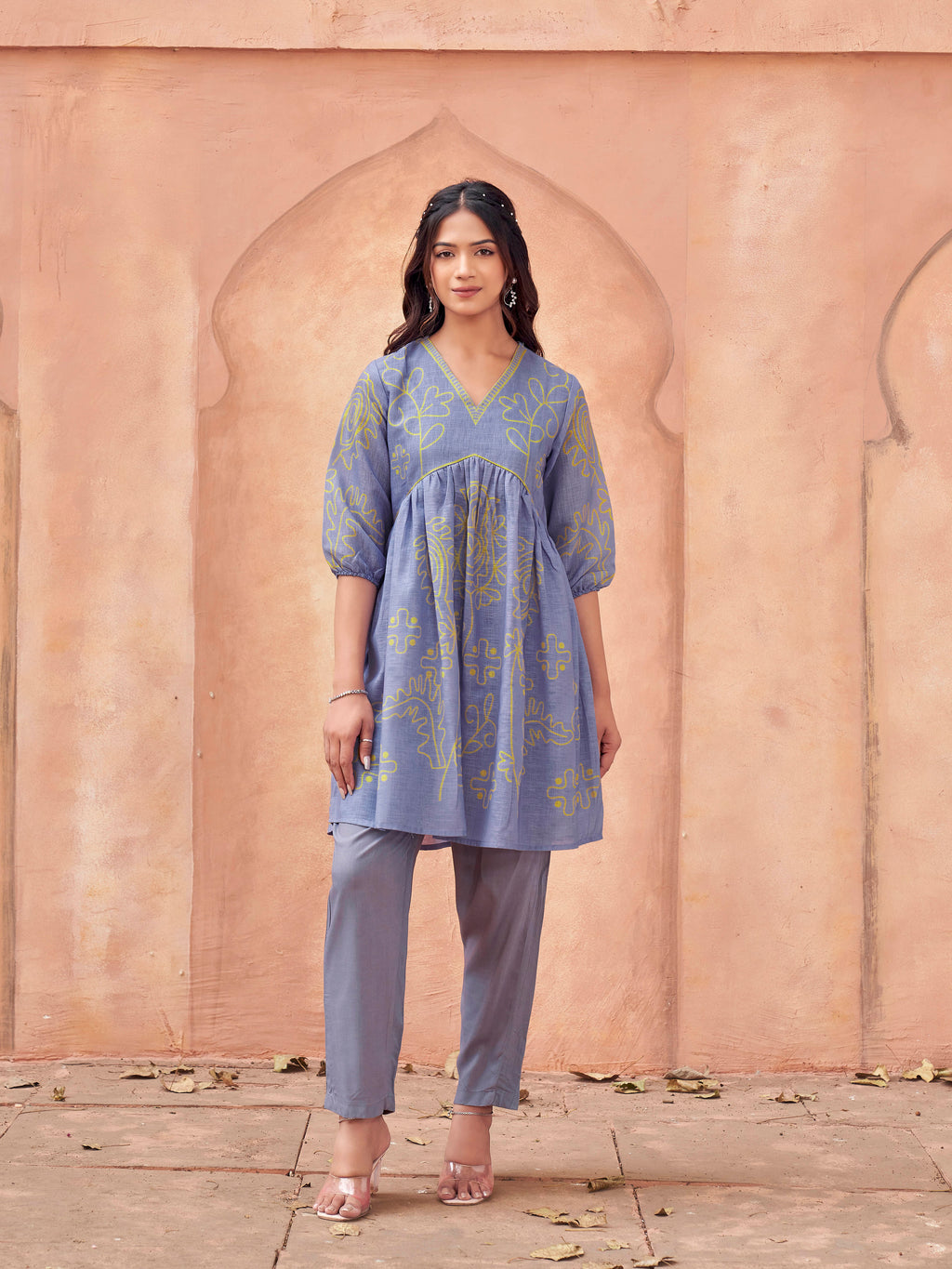 Lavnder color cotton blend printed with alia cut  tunic & trouser co-ord set