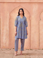 Lavnder color cotton blend printed with alia cut  tunic & trouser co-ord set