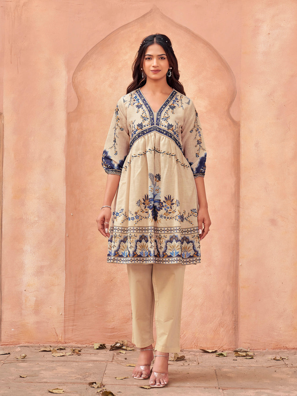 Beige color cotton blend floral printed with alia cut  tunic & trouser co-ord set