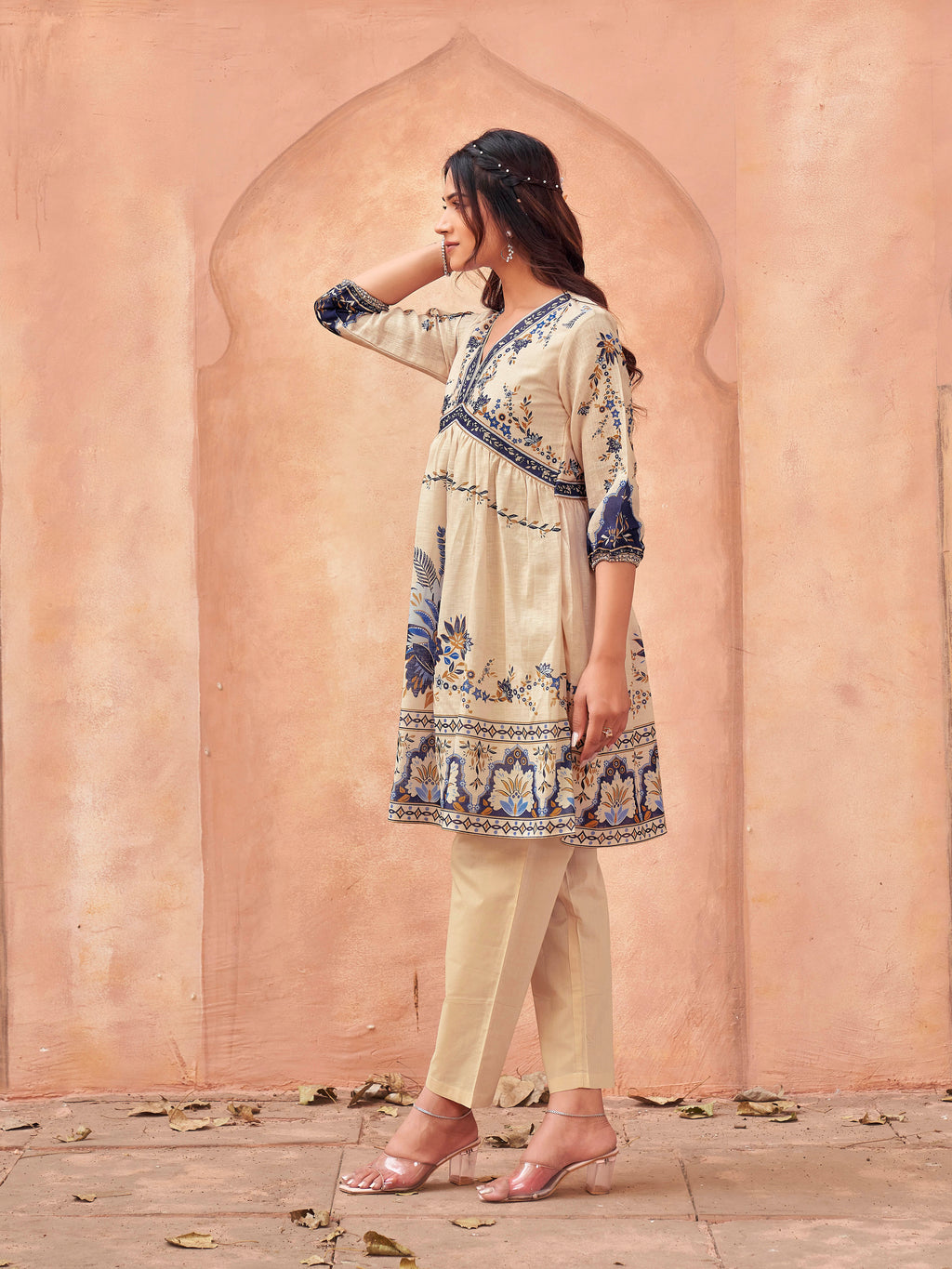 Beige color cotton blend floral printed with alia cut  tunic & trouser co-ord set