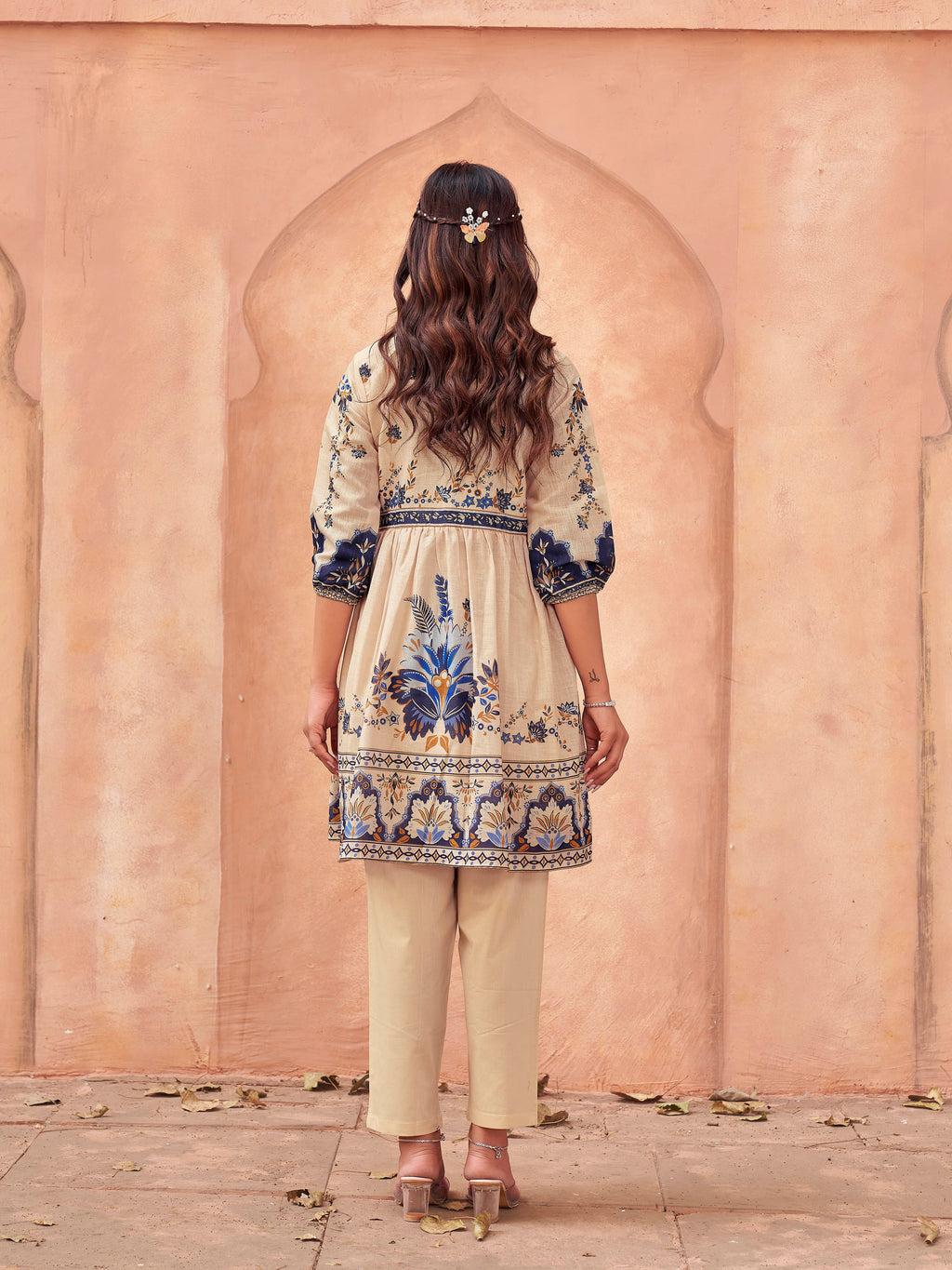 Beige color cotton blend floral printed with alia cut  tunic & trouser co-ord set