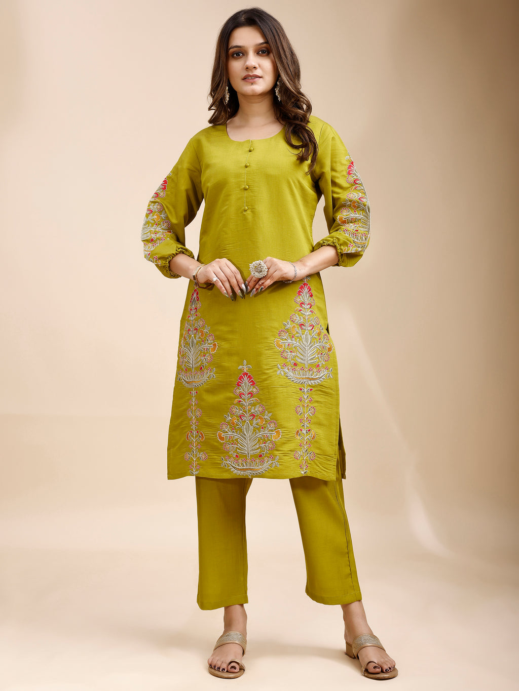 Tikhi Imli Green color silk blend with multi thread embroidered tunic and trouser Co-ord Set