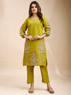 Tikhi Imli Green color silk blend with multi thread embroidered tunic and trouser Co-ord Set