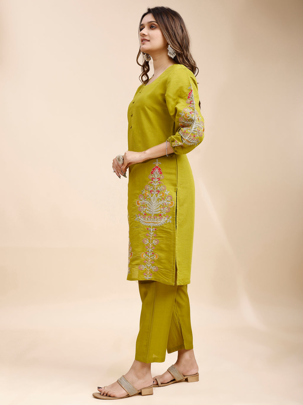 Tikhi Imli Green color silk blend with multi thread embroidered tunic and trouser Co-ord Set
