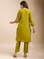 Tikhi Imli Green color silk blend with multi thread embroidered tunic and trouser Co-ord Set