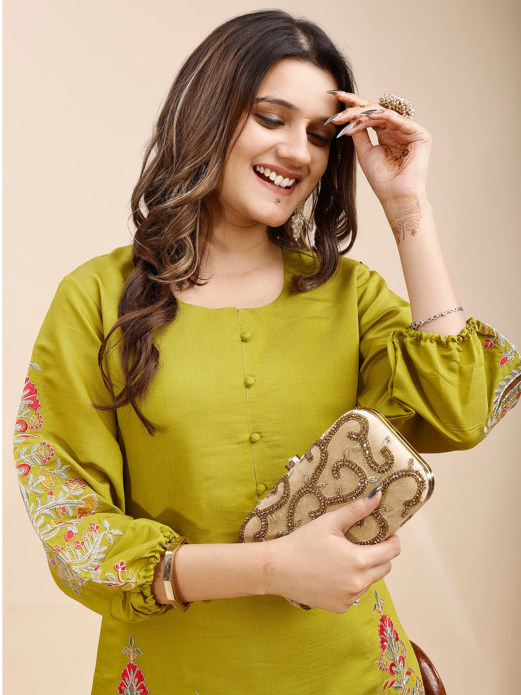 Tikhi Imli Green color silk blend with multi thread embroidered tunic and trouser Co-ord Set