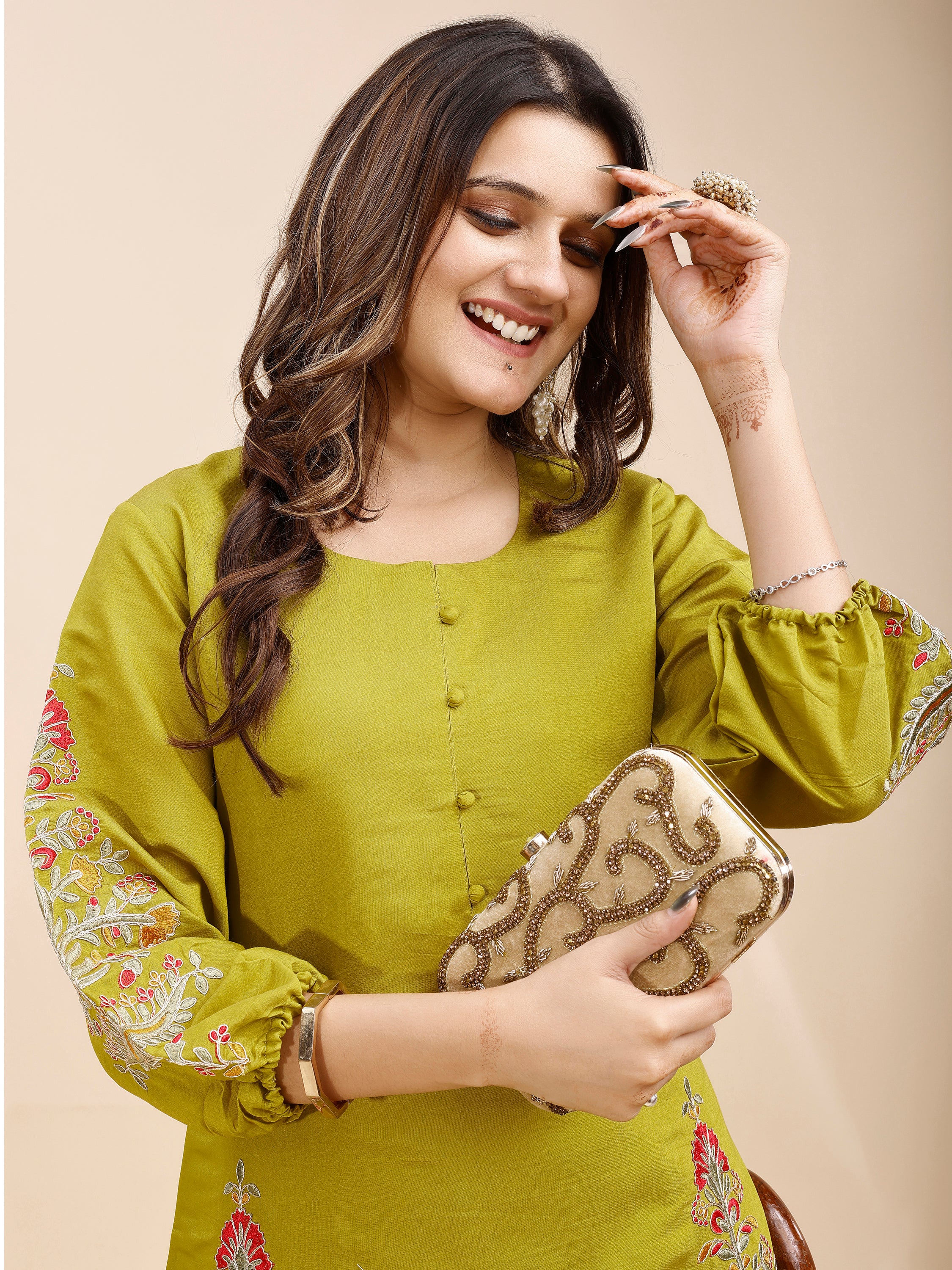 Tikhi Imli Green color silk blend with multi thread embroidered tunic and trouser Co-ord Set