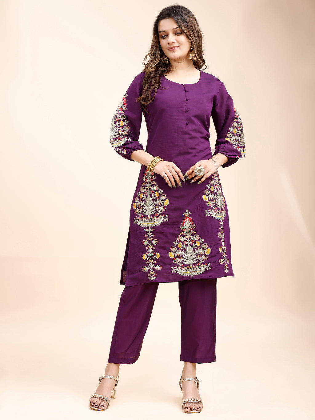 Tikhi Imli Purple color silk blend with multi thread embroidered tunic and trouser Co-ord Set