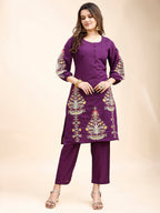 Tikhi Imli Purple color silk blend with multi thread embroidered tunic and trouser Co-ord Set