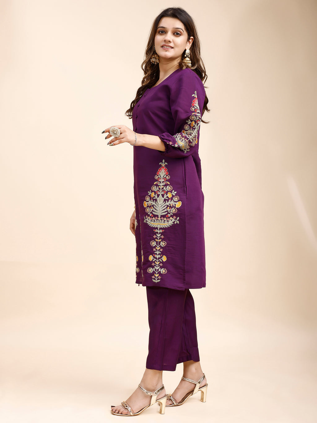 Tikhi Imli Purple color silk blend with multi thread embroidered tunic and trouser Co-ord Set