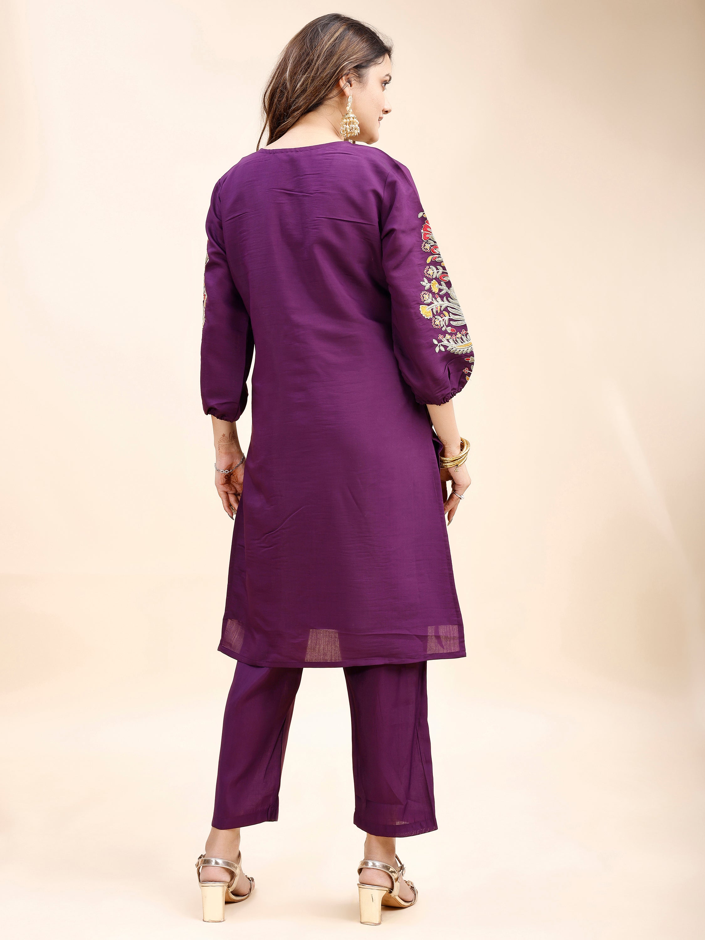 Tikhi Imli Purple color silk blend with multi thread embroidered tunic and trouser Co-ord Set