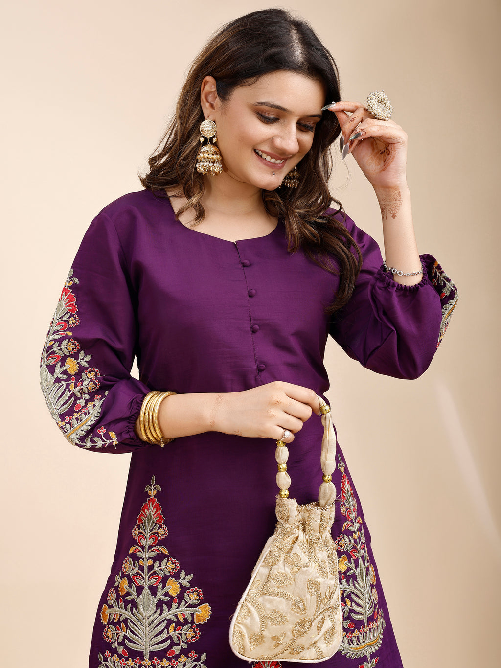 Tikhi Imli Purple color silk blend with multi thread embroidered tunic and trouser Co-ord Set