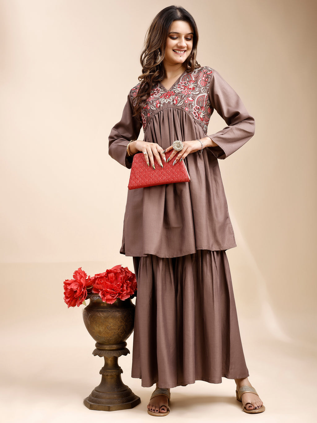 Tikhi Imli Taupe color silk blend with multi thread embroidered alia cut sarara Co-ord Set