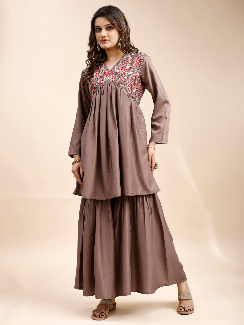 Tikhi Imli Taupe color silk blend with multi thread embroidered alia cut sarara Co-ord Set