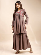 Tikhi Imli Taupe color silk blend with multi thread embroidered alia cut sarara Co-ord Set