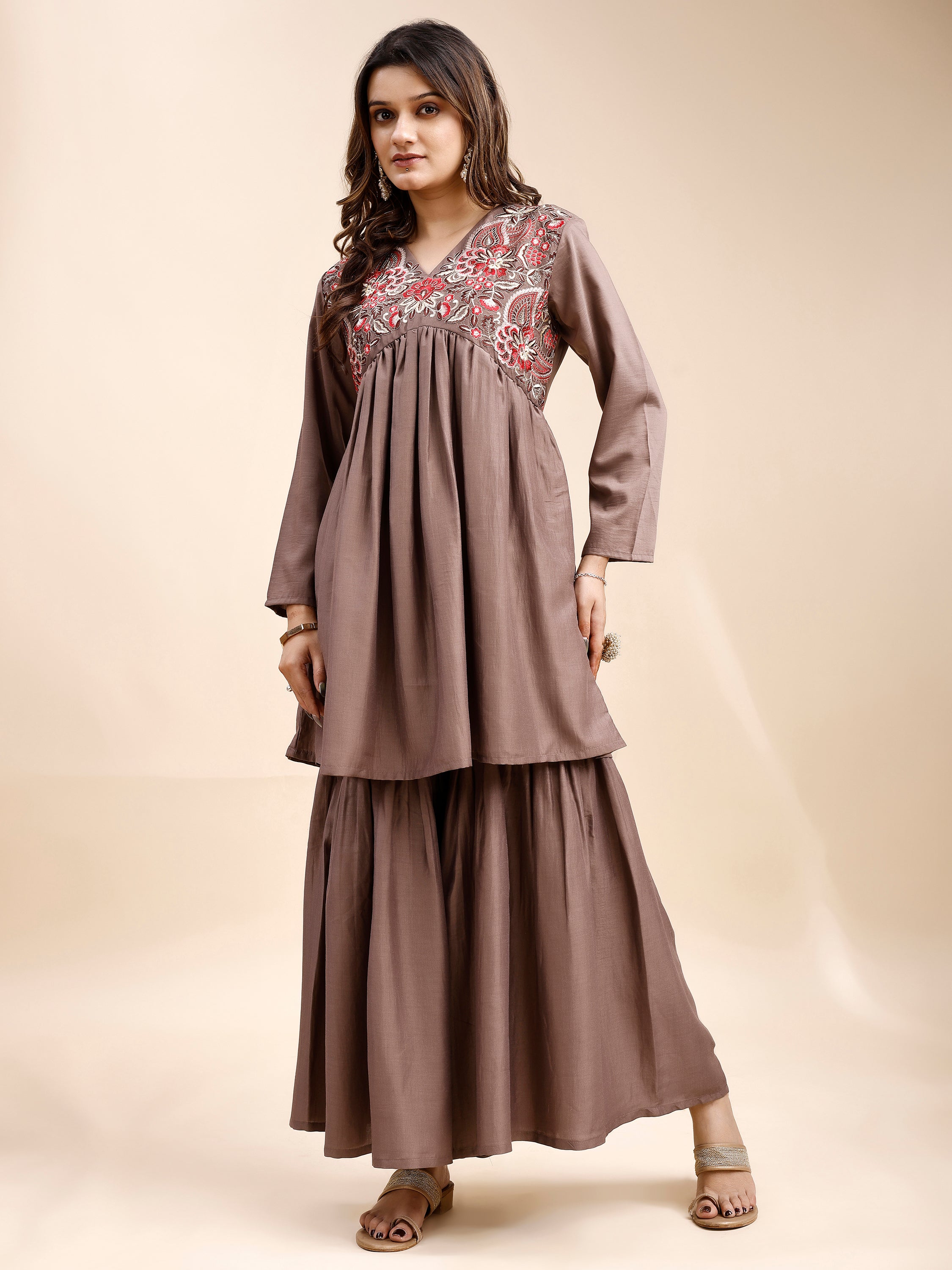 Tikhi Imli Taupe color silk blend with multi thread embroidered alia cut sarara Co-ord Set