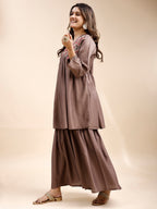 Tikhi Imli Taupe color silk blend with multi thread embroidered alia cut sarara Co-ord Set