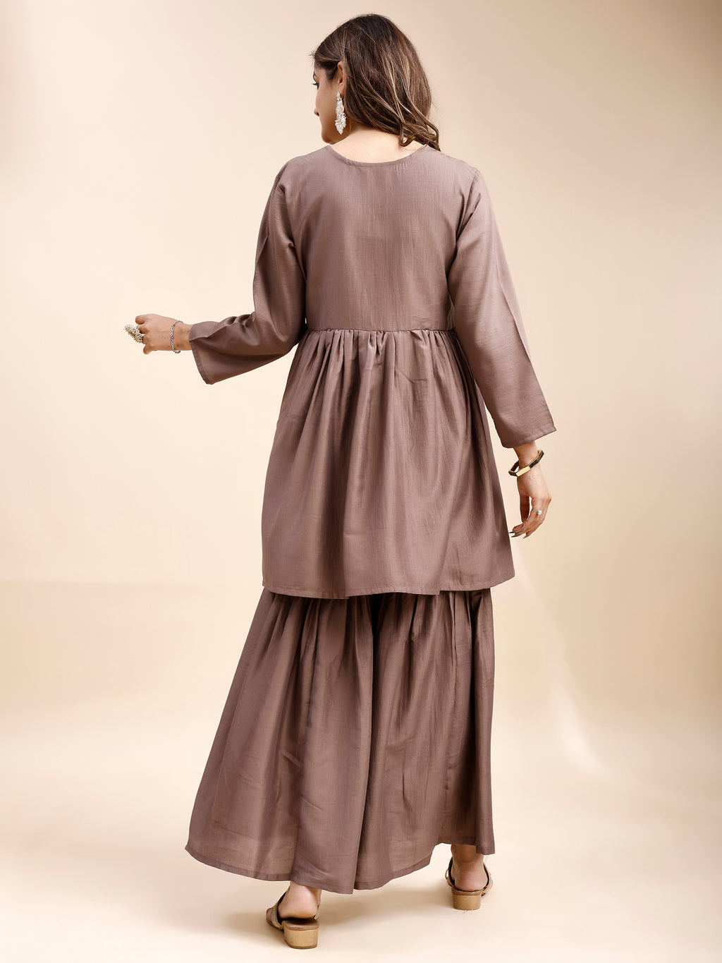 Tikhi Imli Taupe color silk blend with multi thread embroidered alia cut sarara Co-ord Set