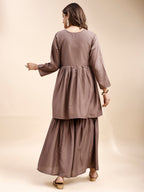 Tikhi Imli Taupe color silk blend with multi thread embroidered alia cut sarara Co-ord Set