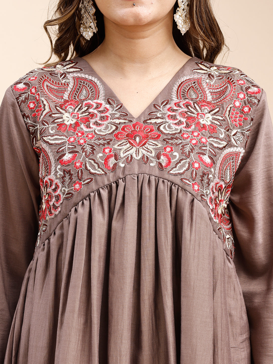 Tikhi Imli Taupe color silk blend with multi thread embroidered alia cut sarara Co-ord Set