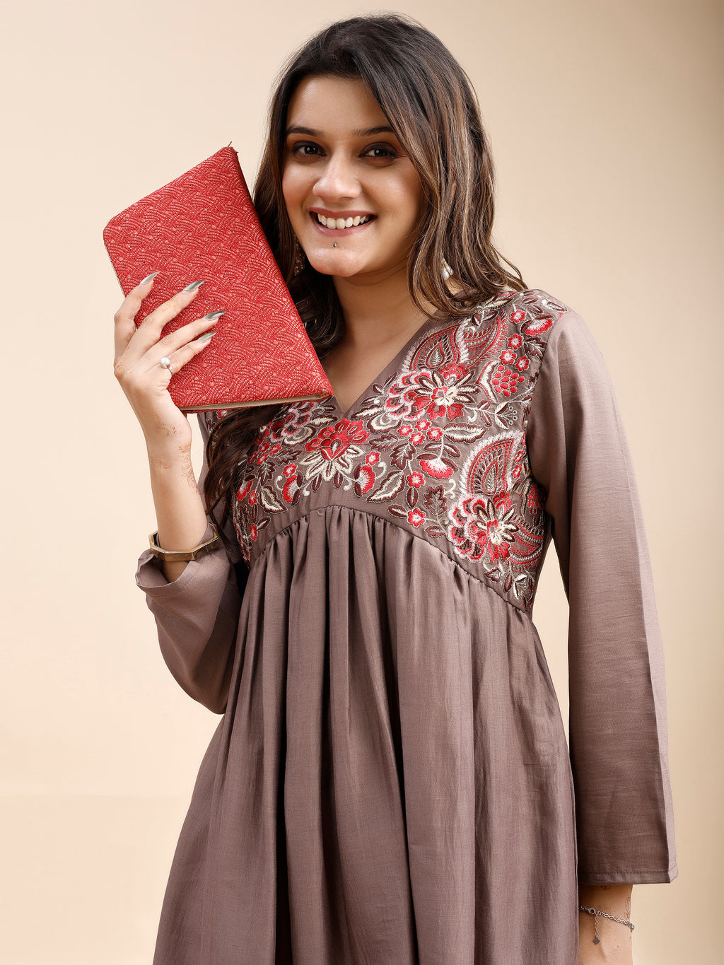 Tikhi Imli Taupe color silk blend with multi thread embroidered alia cut sarara Co-ord Set