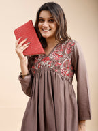 Tikhi Imli Taupe color silk blend with multi thread embroidered alia cut sarara Co-ord Set