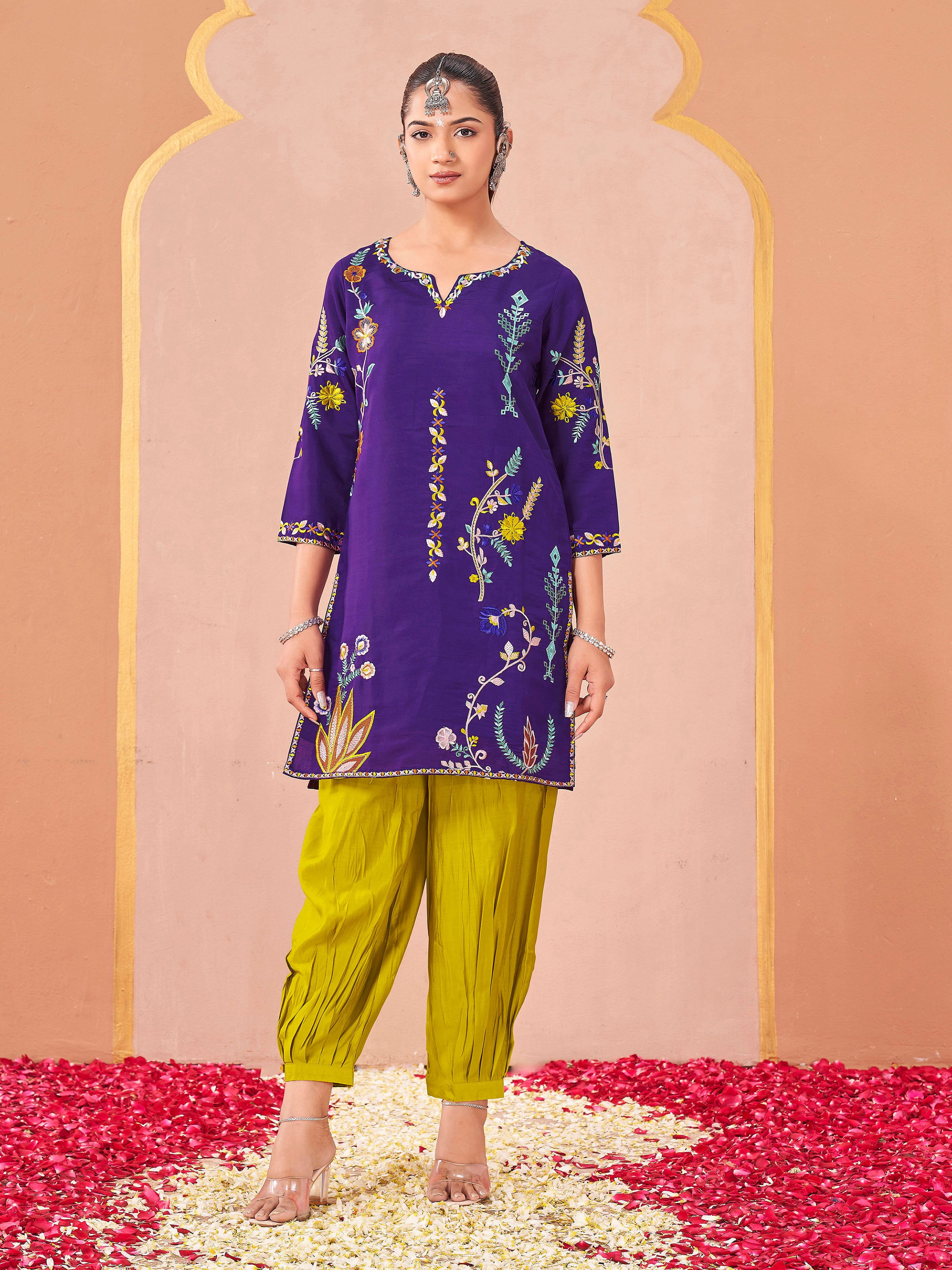 Purple color silk blend with multi color thread embroidered tunic & afghani salwar co-ord set