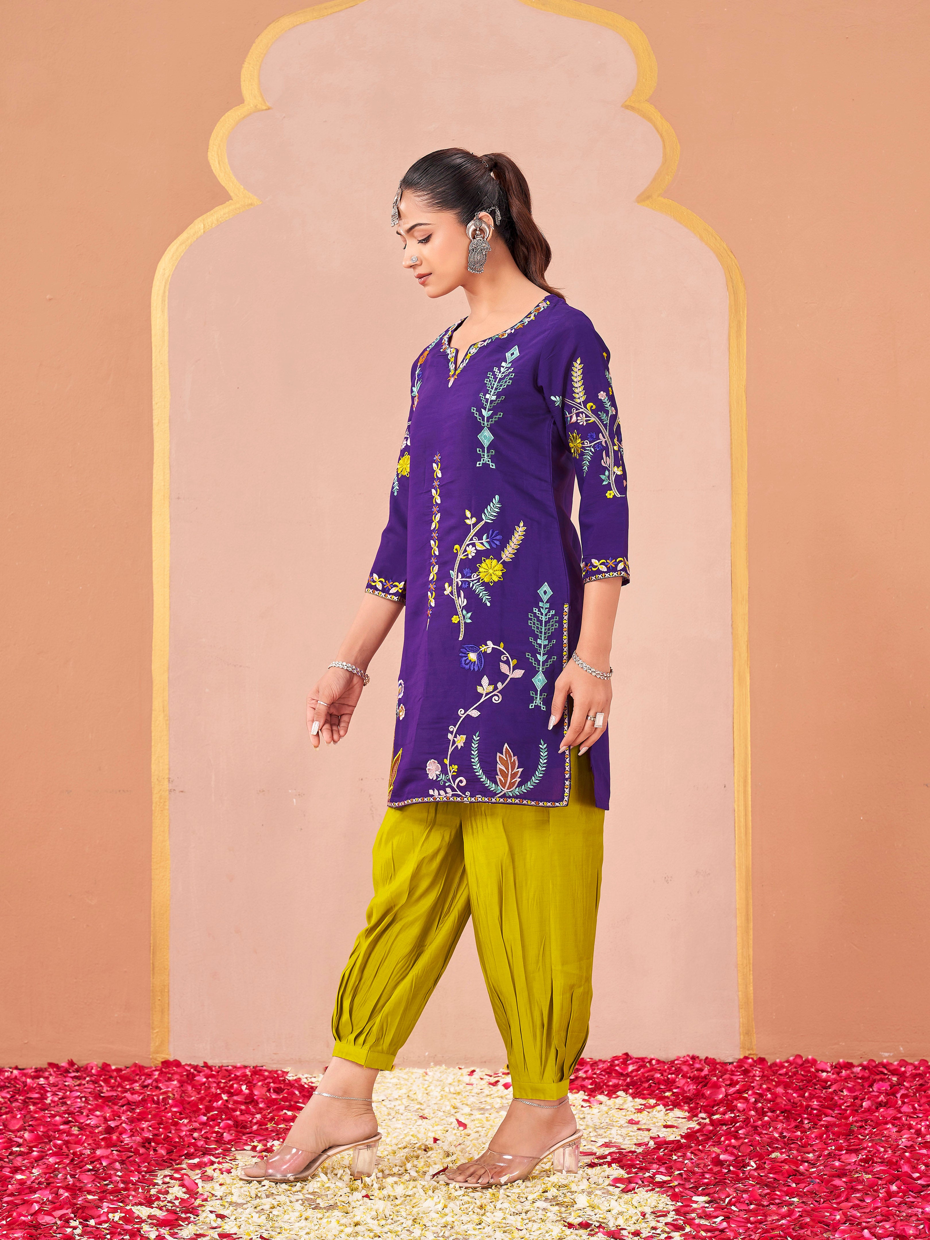 Purple color silk blend with multi color thread embroidered tunic & afghani salwar co-ord set