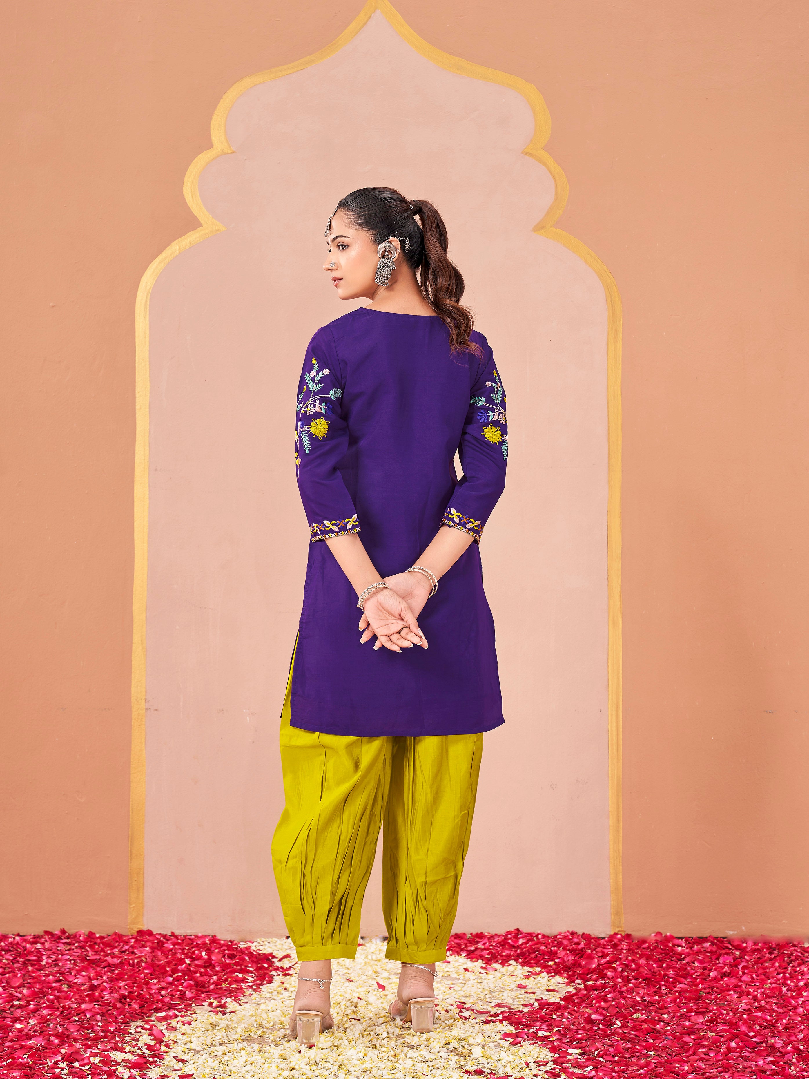 Purple color silk blend with multi color thread embroidered tunic & afghani salwar co-ord set