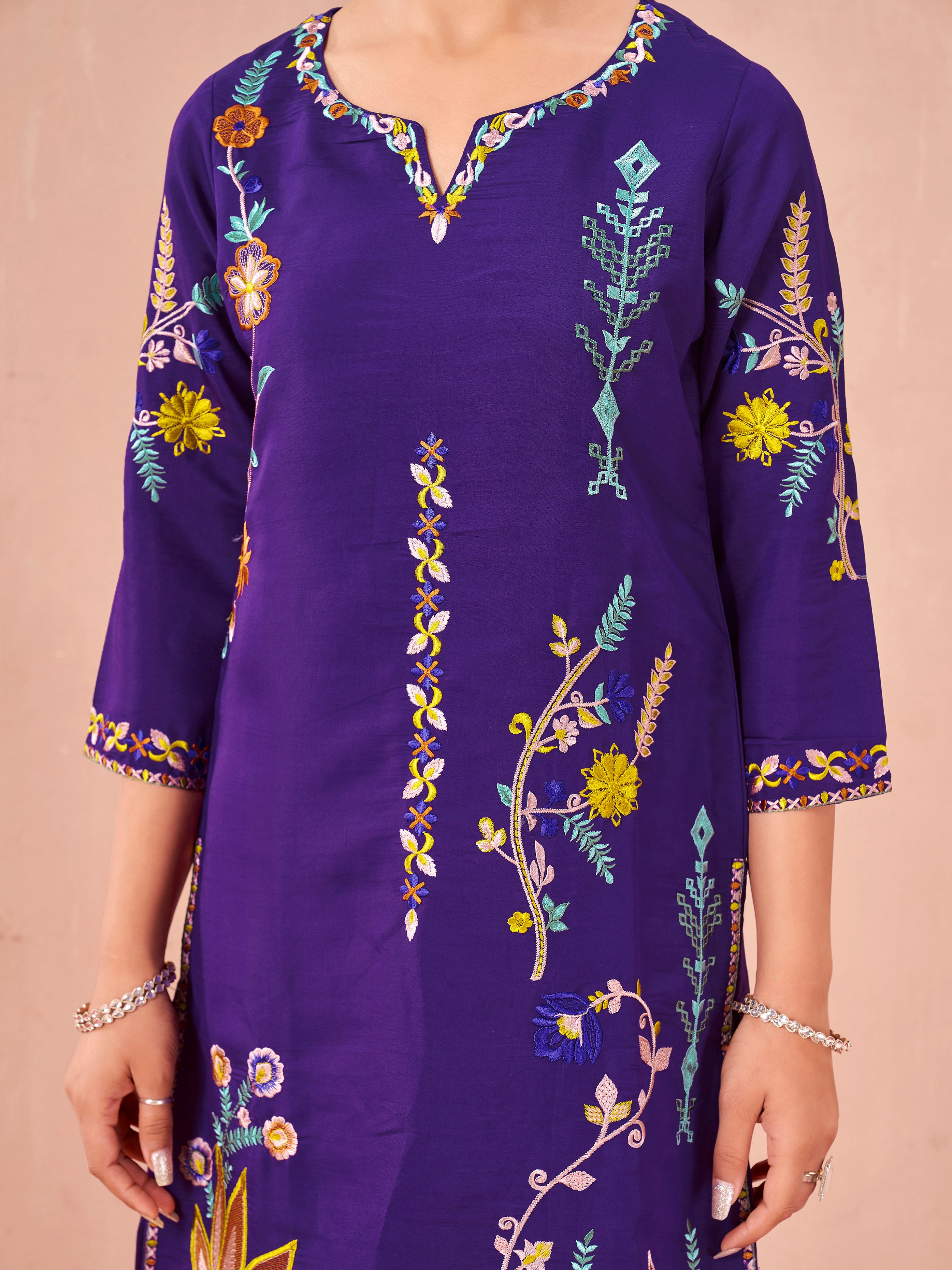 Purple color silk blend with multi color thread embroidered tunic & afghani salwar co-ord set