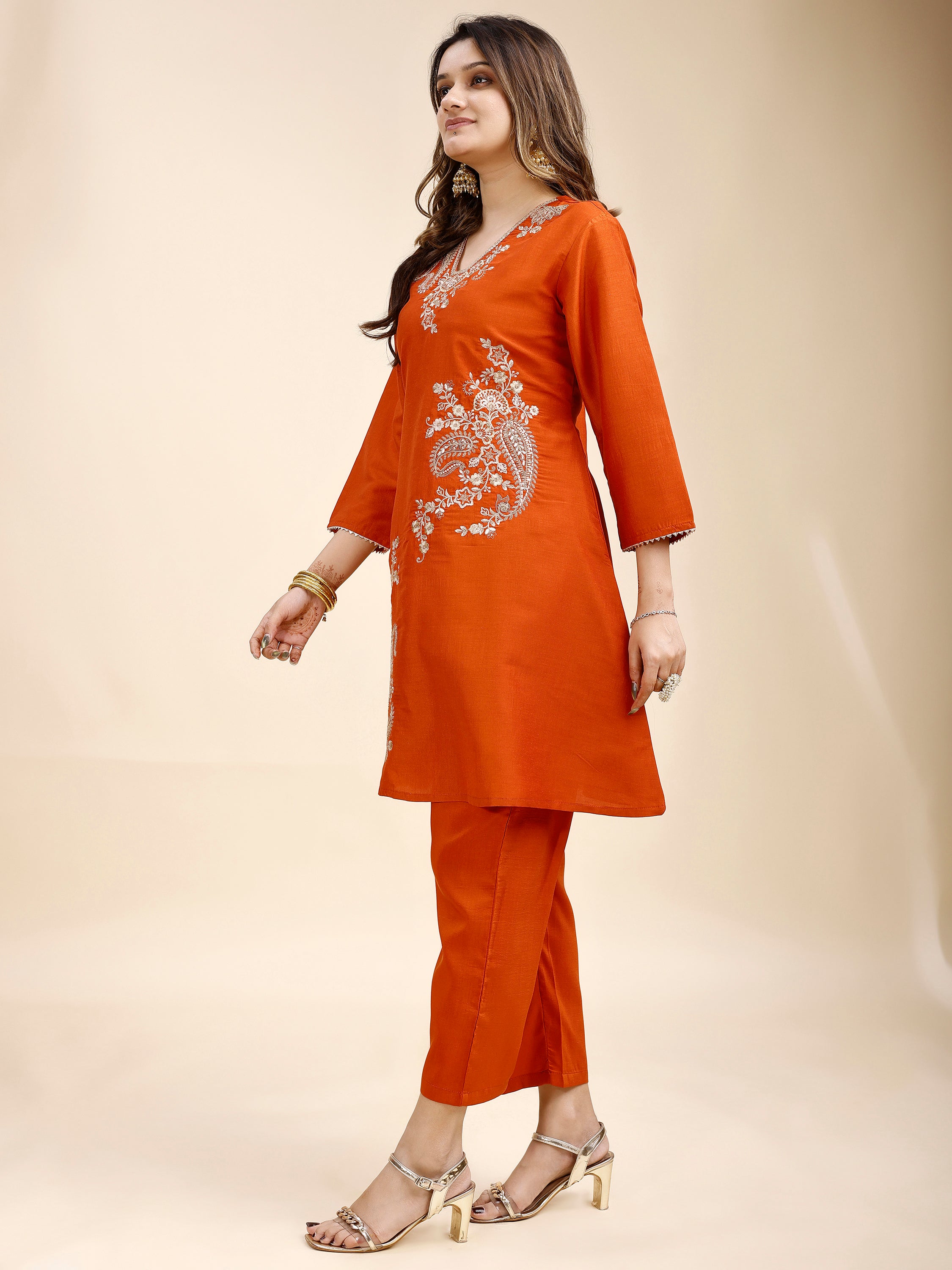Tikhi Imli Rust color silk blend with zari work embroidered a line tunic and trouser Co-ord Set