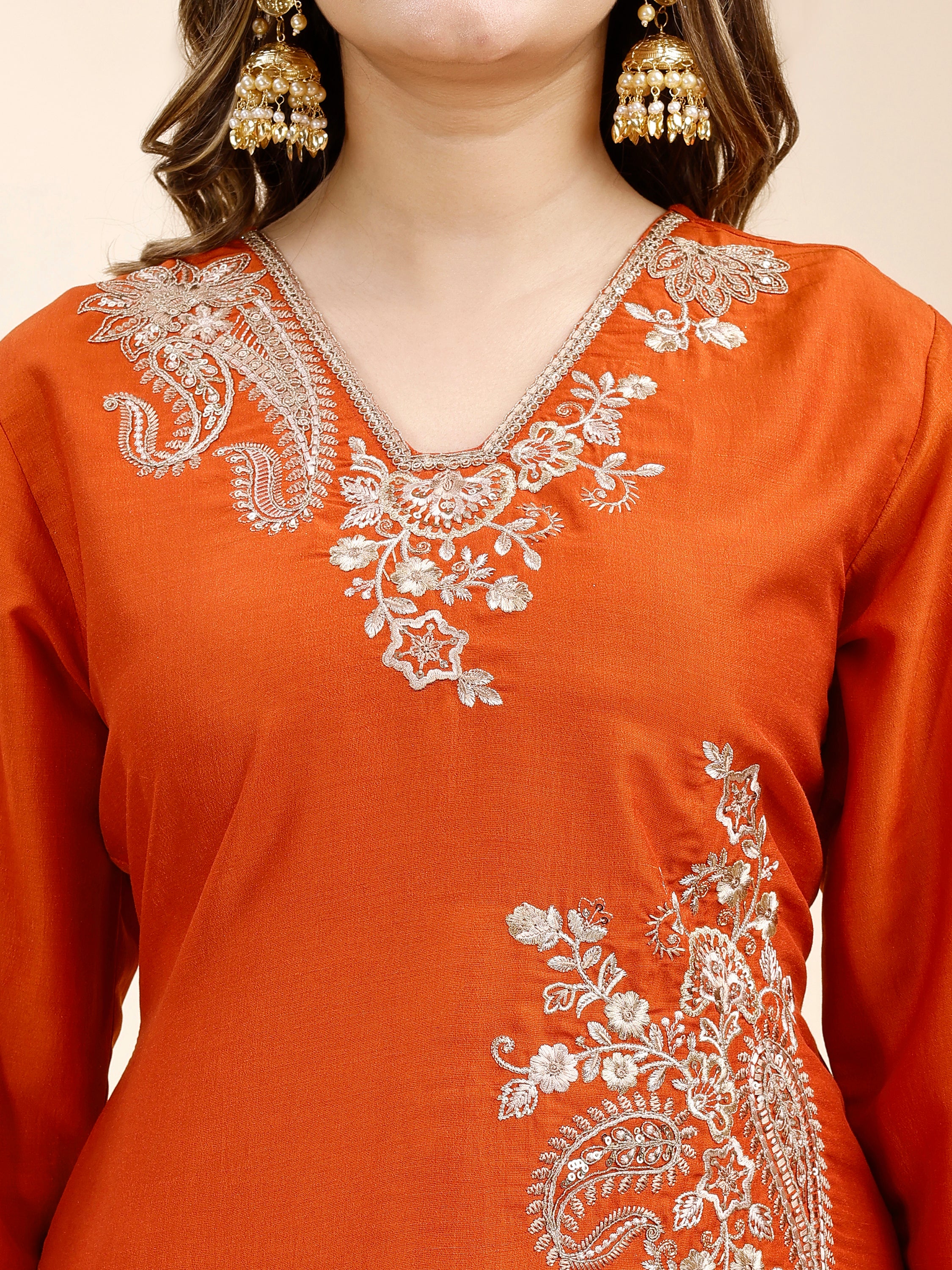 Tikhi Imli Rust color silk blend with zari work embroidered a line tunic and trouser Co-ord Set